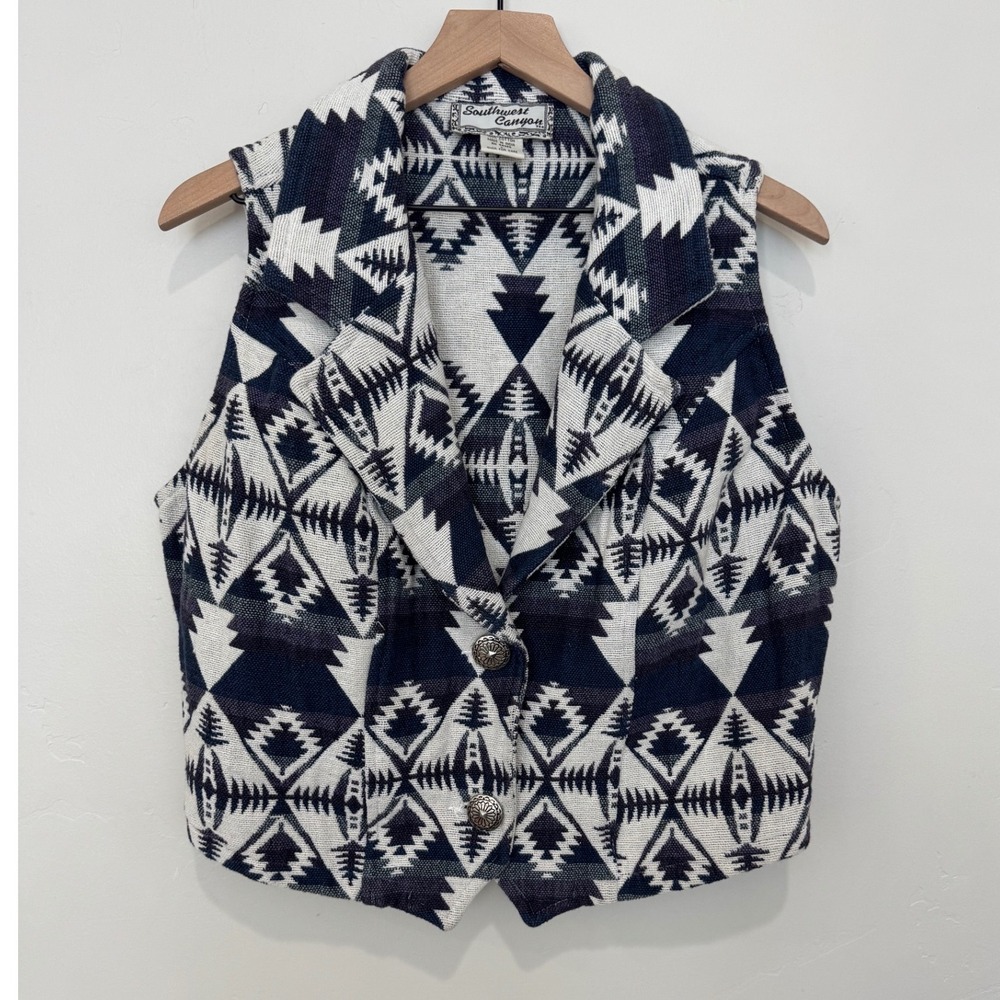Southwest Canyon Vintage Aztec Tapestry Vest Navy Blue Geometric 90s Cowgirl L